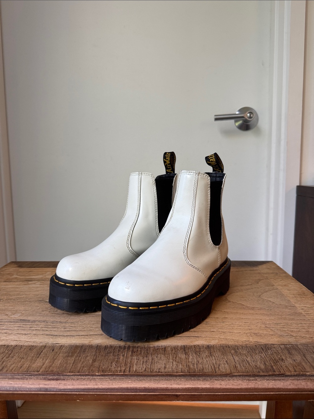 Dr. Martens White Chelsea Platform Booties with Black Sole
